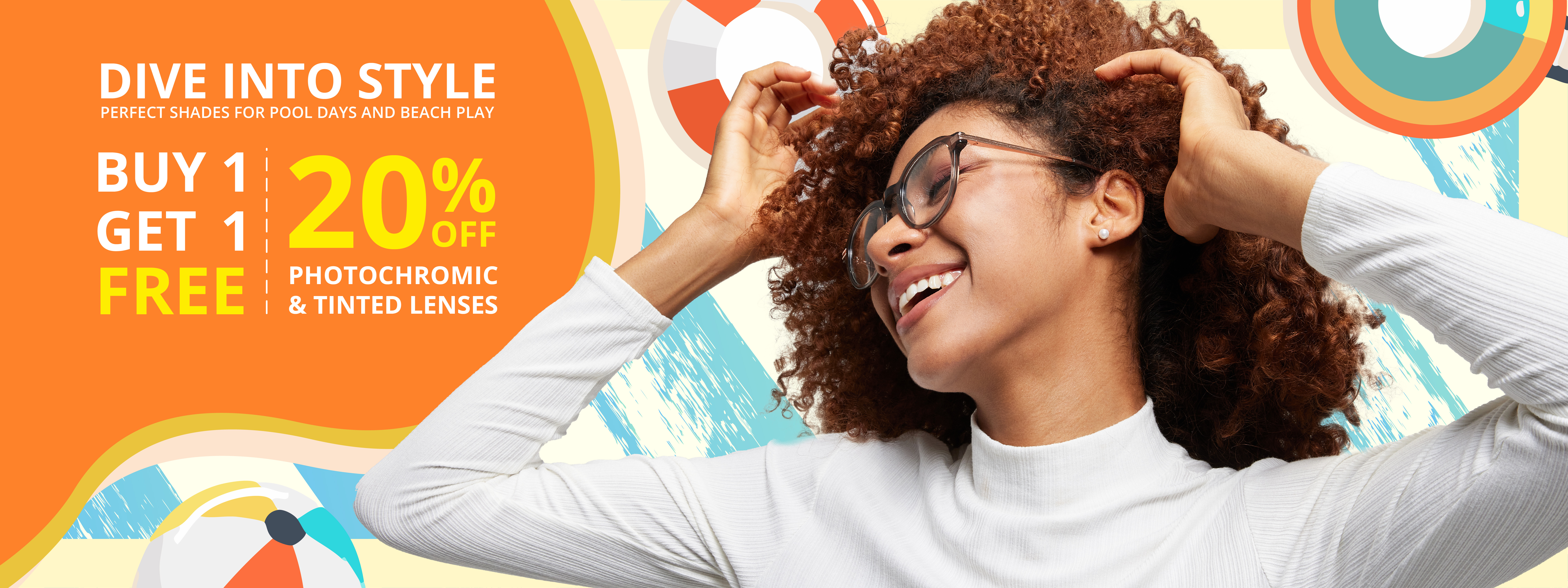Smiling man wearing Halool sunglasses by the pool, summer promotion: Buy 1 Get 1 Free, 20% off photochromic and tinted lenses
